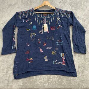 Johnny Was Biya Tunic Women S Blue Rondo Crew Neck Long Sleeve Blouse Boho Chic